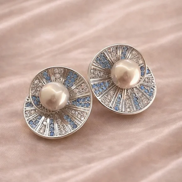 Round Pearl Statement Earrings with Blue Stones - Picture 2 of 6